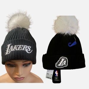 LA Lakers Pom Knit Cap Ladies NBA Los Angeles Black White Pearl Rhinestones
